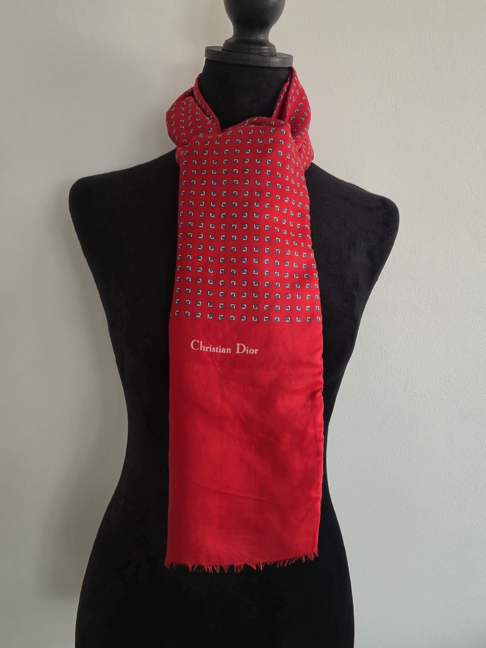 Vintage Christian Dior Red Silk Wool Scarf Designer Monogram Winter Muffler